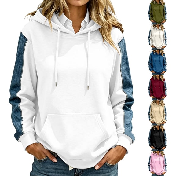JGGSPWM Womens Denim Sleeve Patchwork Hoodie, Drawstring Color Block Pullover Sweatshirt, Relaxed Fit Fall Streetwear Tops Black XXXL