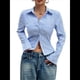 thumbnail image 3 of Camisa Corta A Rayas con Botones para Mujer, Blusa Ajustada de Larga, Camisa de Trabajo Azul L, 3 of 9