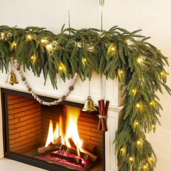 Guvpev 6FT Christmas Norfolk Pine Garland, Real Touch Artificial Greenery Garland with 30 LED Lights & Timer, Christmas Garland Decorations for Fireplace Stairs Table Indoor Outdoor Xmas Decor