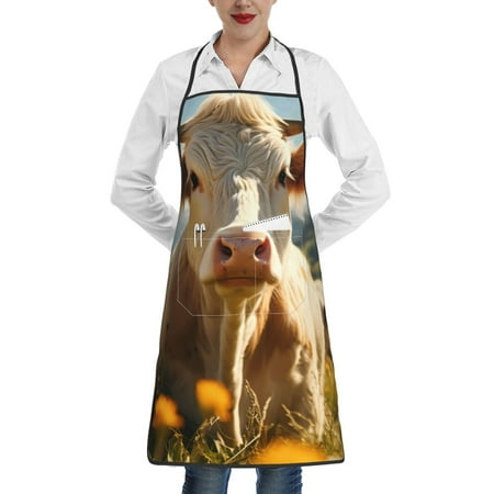 

Easygdp Sunflower Cow Pasture Apron Waterdrop Resistant with 2 Pockets Oil Resistant Cooking Kitchen Chef Apron for Women Men