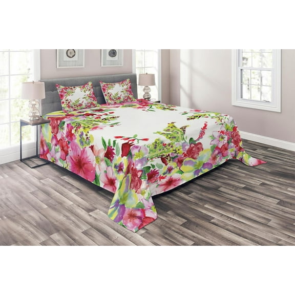 Ambesonne Pink Quilted Coverlet 3 Pcs, Summer Bud Spring, King Size, Green and Pink