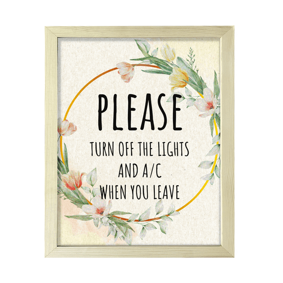Signs ByLITA Please Turn Off The Lights And A/C When You Leave, Floral 5 x 7 Wooden FRAMED Print Short Term Rentals Guest Signage Hospitality Wall Art