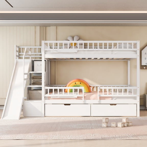 Harper & Bright Designs Full Over Full Bunk Bed with Slide and Storage Staircase, Full Size Solid Pine Wood Bunk Bed Frame with 2 Drawers and Guardrail, White