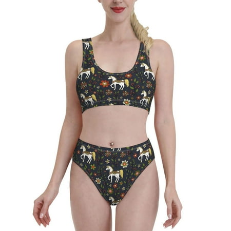 Bikini Sets For Women  Cartoon Cute White Horse Flower High Waisted Bikini Sets Bathing Suit 2-Piece Drawstring Swimsuit