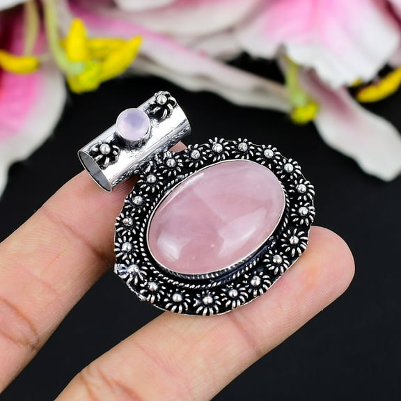Rose Quartz, Chalcedony Gemstone 925 Sterling Silver Jewelry Pendant 1.81"