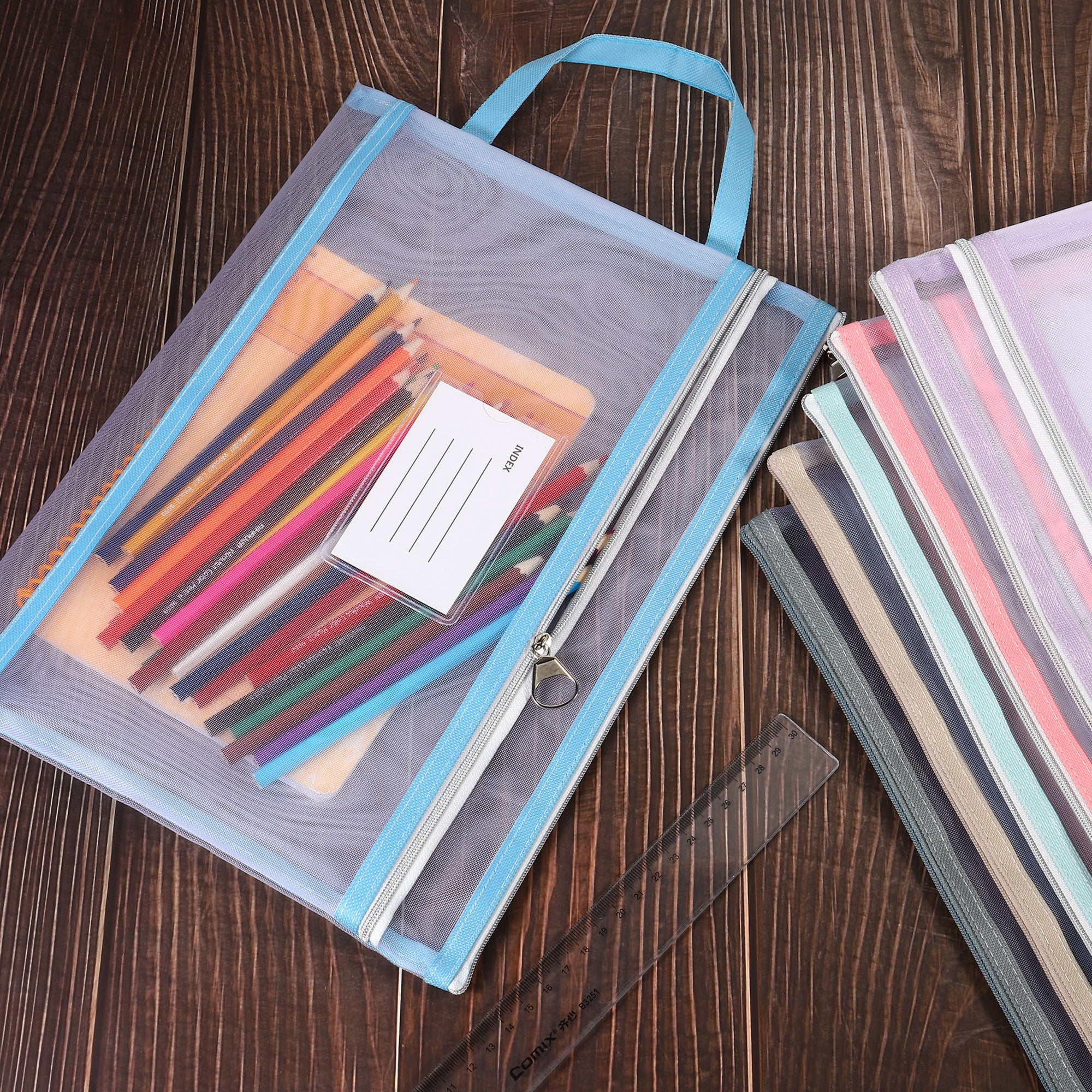 Unique Bargains Nylon Mesh Zip Files Handle Bag with Name Tag Light Blue