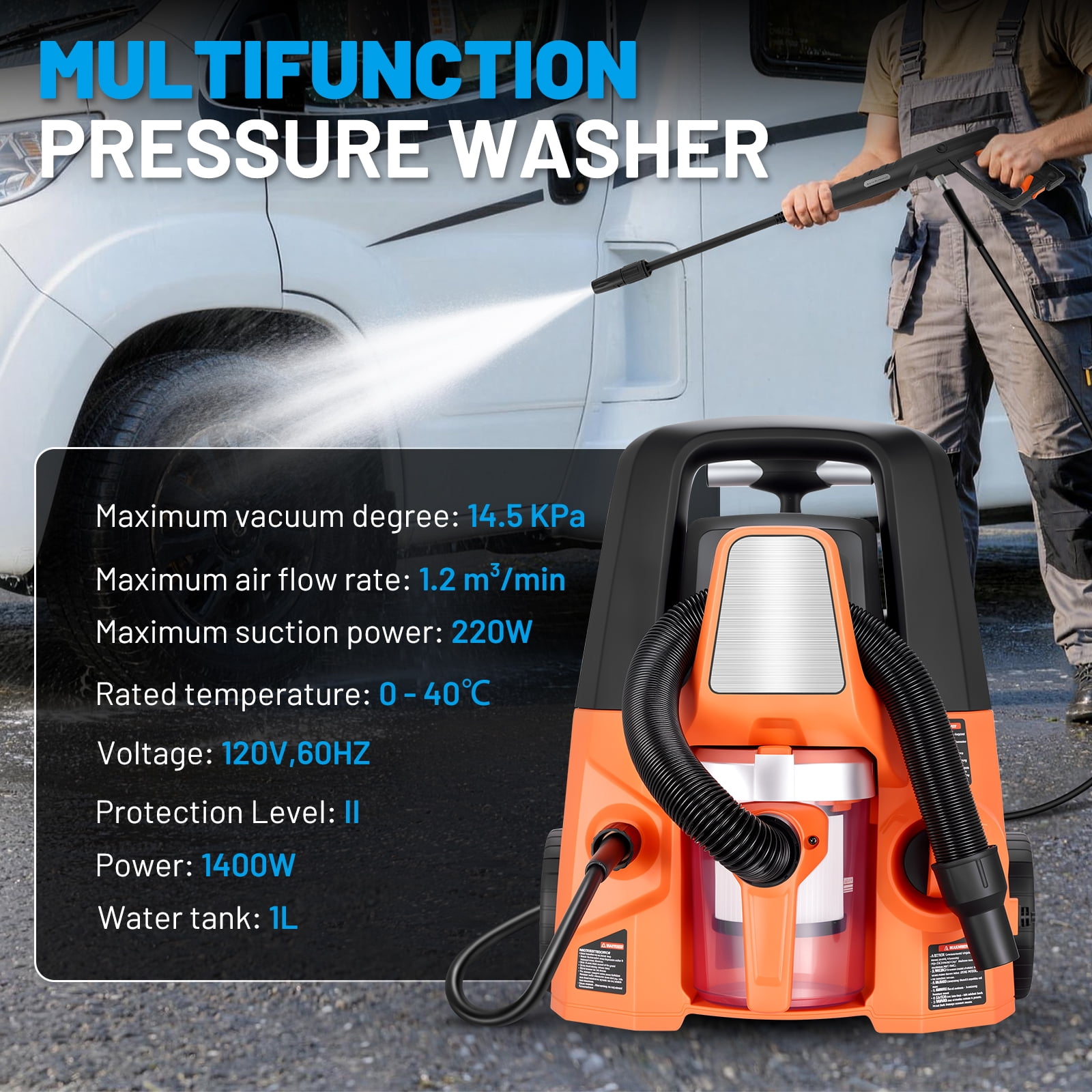 SPBTAR 4-1 Pressure Washer, 2800PSI 1.7GPM High Pressure Cleaner with Vacuum Cleaner,0° -180° Swivel Joint & Soap Tank for Car/Fences/Driveway/Home/Patio Cleaning