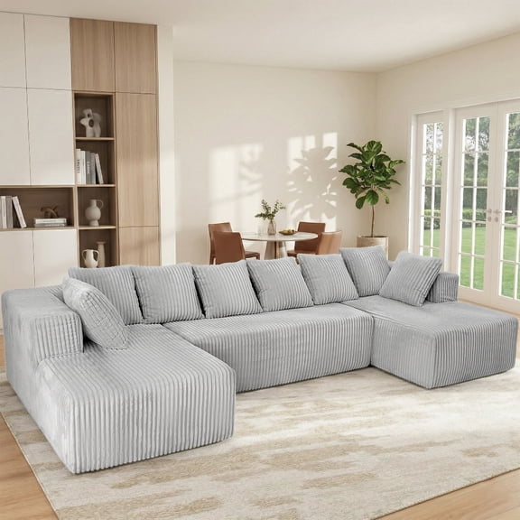 SOULART 130'' Modular Sectional Couch, U-Shaped Sofa with Chaise Lounge, Striped Corduroy Upholstered 4-Seater Sofa with Pillow Back and Square Arms