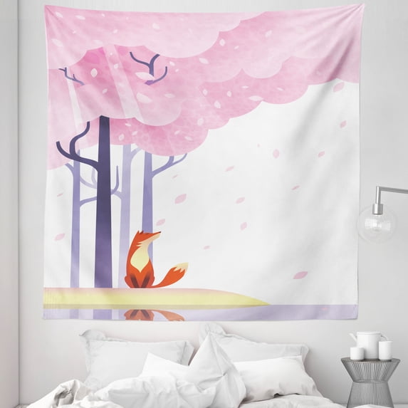 Fox Tapestry, Spring Inspired Composition Pink Sakura Tree Falling Leaves Idyllic, Fabric Wall Hanging Decor for Bedroom Living Room Dorm, 5 Sizes, Pale Pink Lavender, by Ambesonne