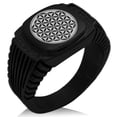 thumbnail image 1 of Stainless Steel Flower of Life CZ Ribbed Needle Stripe Pattern Biker Style Polished Ring, 1 of 1