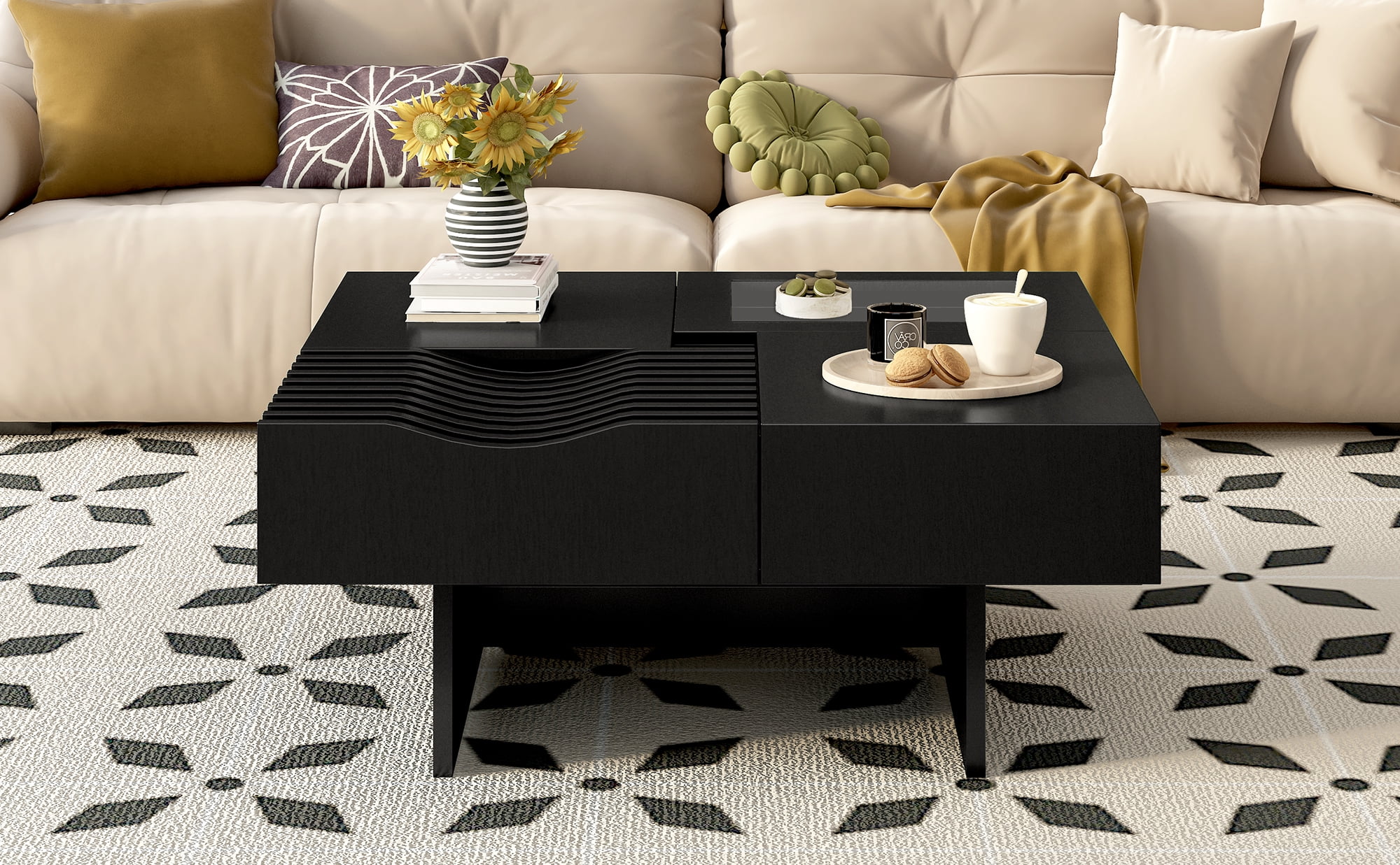 Euroco Multifunctional Square Coffee Table with Wave Design & Storage Drawers – Modern, Sturdy, Easy Assembly