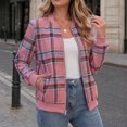 thumbnail image 4 of Vxararl Women Bomber Jacket Plaid Flannel Lightweight Zip‑Up Long Sleeve Casual Fall Winter Outerwear Coat, Soft Flannel Stand Collar Ribbed Details Street Casual Jacket Pink L, 4 of 6