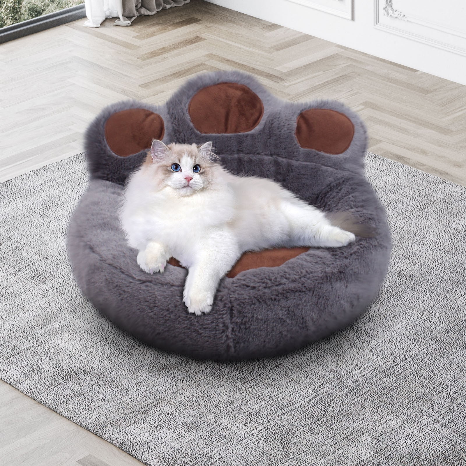 Cute Round Calming Dog Bed of Paw Shape, Pet Large Fur Plush Dog Bed Donut for Medium Large Breed Dog, Soft, Comfy and Cozy Doggie Bed with Bolster E
