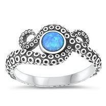 CHOOSE YOUR COLOR Fun Octopus Blue Simulated Opal Ring .925 Sterling Silver Band CZ Female Size 7