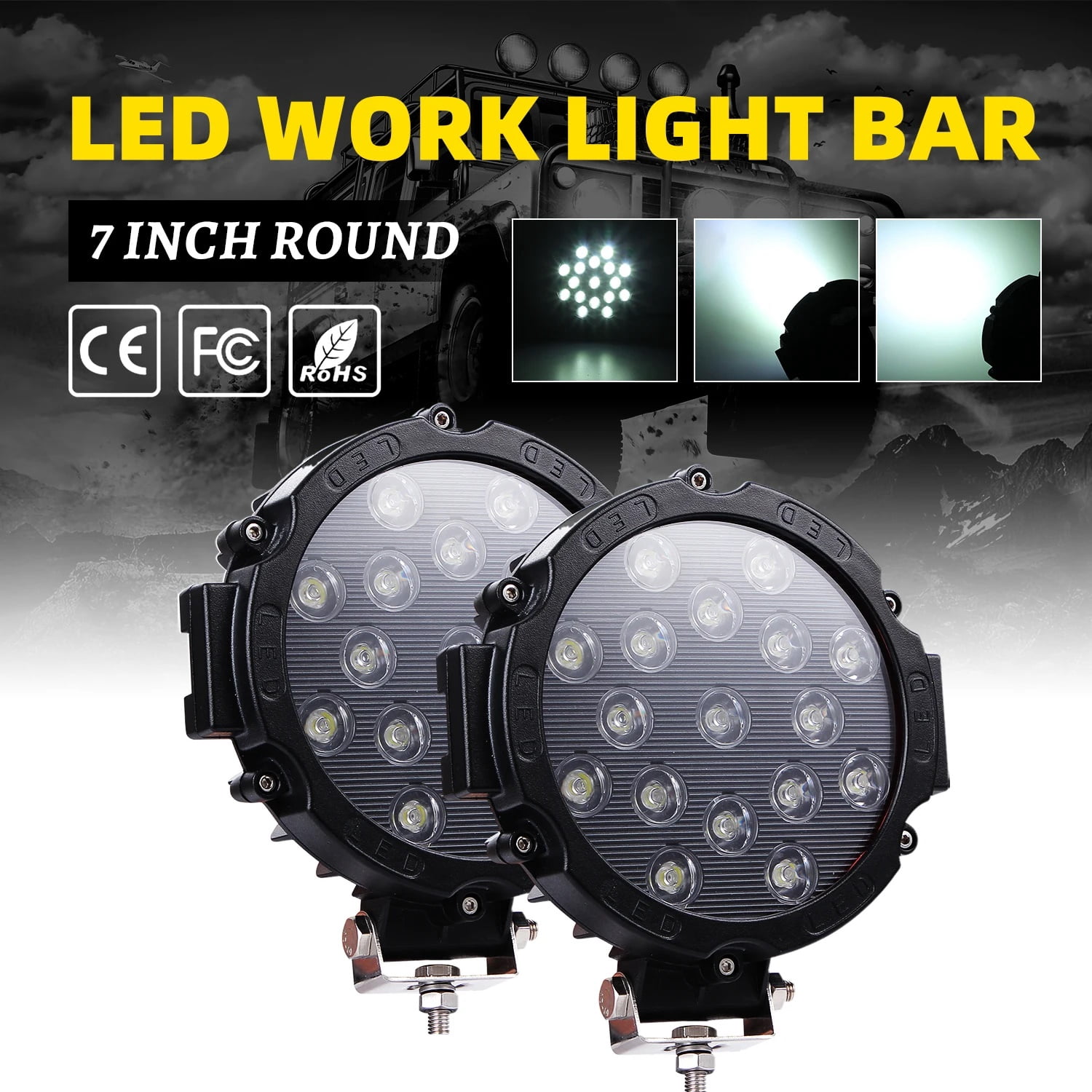 Led Light Bar 2PCS 7" 51W 5100LM Black Round Spot LED Light Pod Off Road Fog Driving Roof Bar Bumper for Jeep Truck ATV UTV SUV