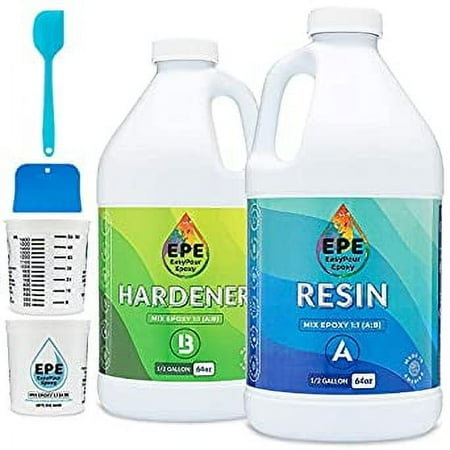 EasyPour Epoxy 1 Gallon Kit - Crystal Clear High Gloss Resin and Hardener  2 Mixing Cups  Silicone Spatula  Plastic Spreader