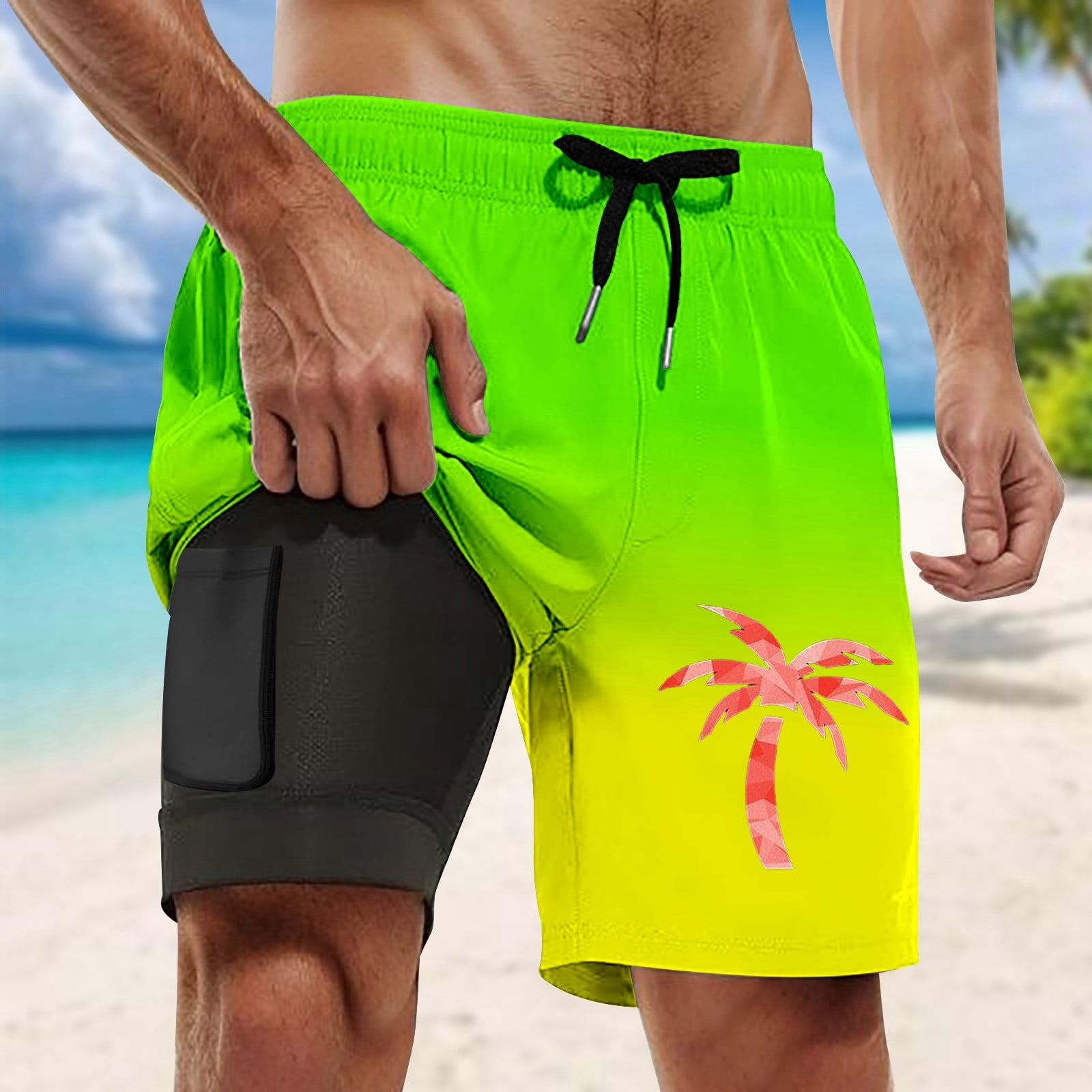 Boys Swim Trunks Animal Print Short Sleeved T Shirt Capybara Mental State Beach Clothes for Men,Green,3XL