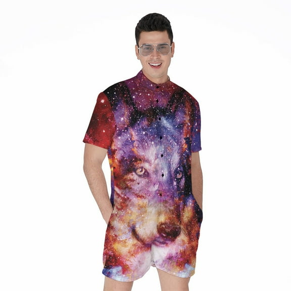 Galaxy Wolf Portrait Short Sleeve Men'S Rompers, Galaxy Casual Summer Jumpsuits Outfit