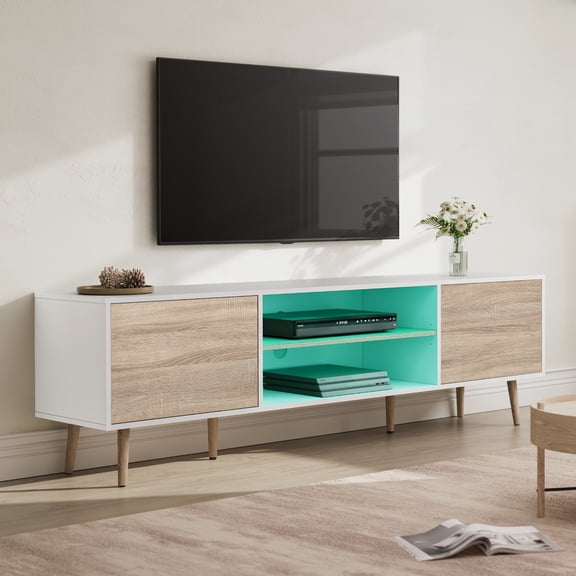 Mid Century Modern TV Stand for 60 inch Flact Screen, Wood TV Cabinet Media Console with Storage White/Beige