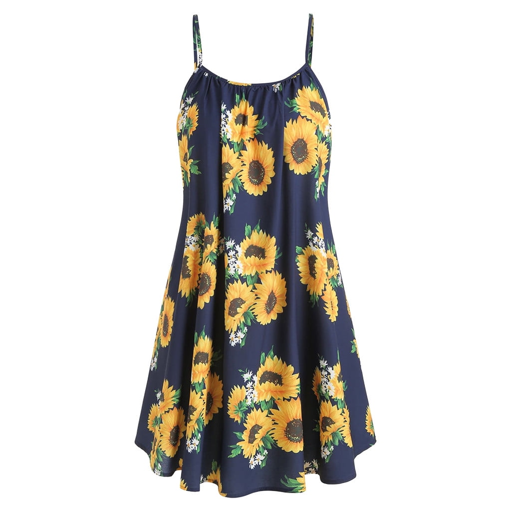 Women Slash Neck Sleeveless Draped Summer Sunflower Print Strap Mini Dress W