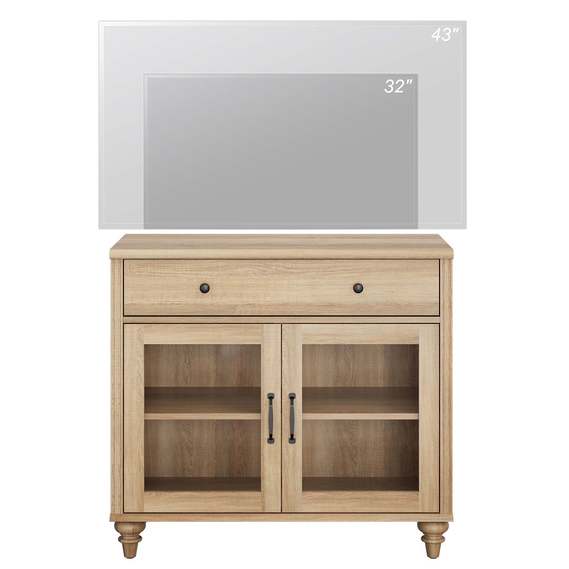Farmhouse TV Stand For 43 Inch TV With Glass Doors And Drawer, Wood Universal TV Stand With Storage Cabinets, Entertainment Center TV Console Table For Living Room, Bedroom, Oak