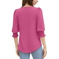 thumbnail image 7 of bbyeadc Pink Tops for Women Round Neck Smocked Cuff Ruched Shirts Three Quarter Sleeve Dressy Casual Loose Fit Basic Trendy Tops Summer Basic Business Casual Blouses, Hot Pink 2XL, 7 of 7