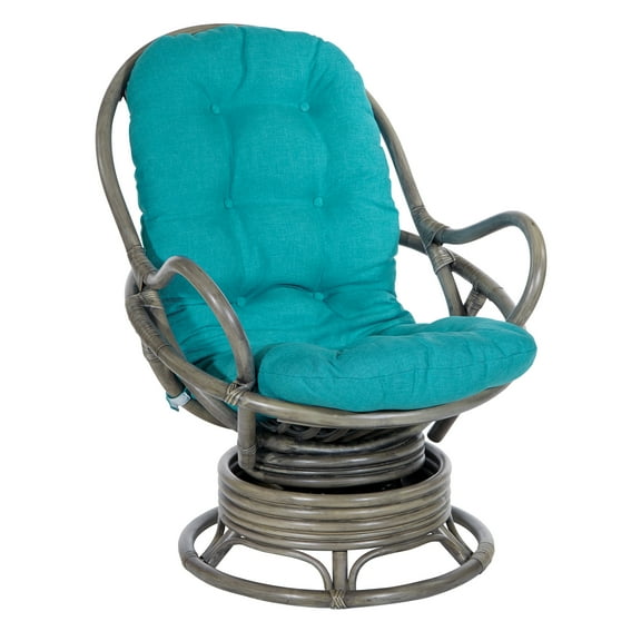 OSP Home Furnishings Tahiti Rattan Swivel Rocker Chair in Blue Fabric with Grey Frame