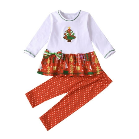 

GWAABD Toddler Girl Clothes Summer Red Cotton Xmas Toddler Kids Baby Girls Cute Cartoon Long Sleeve Princess Dress Tops Polka Dot Pants Trousers Outfits Set 2PCS Clothes 90