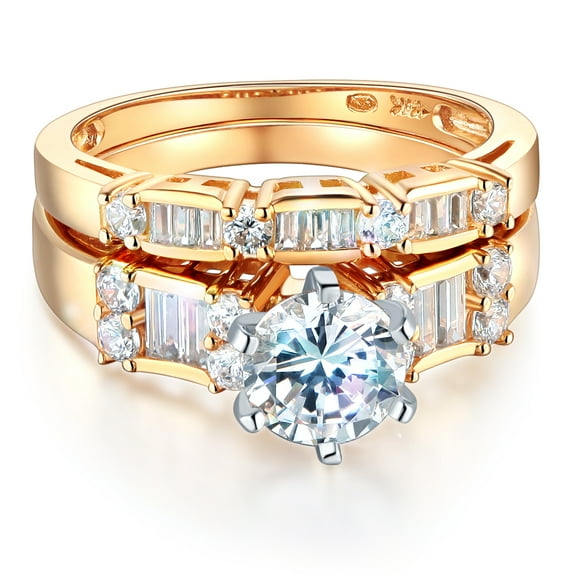 Wellingsale Ladies Solid 14k Yellow Gold Polished CZ Cubic Zirconia Round Cut Engagement Ring with Side Stones and Wedding Band Bridal Set - Size 4