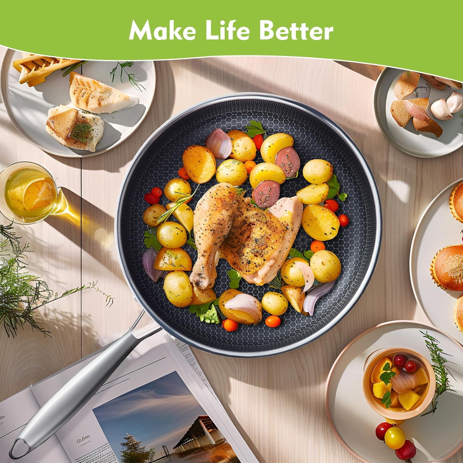 Non Stick Frying Pans, Hybrid 12 Inch with Lid, Stainless Steel Skillets for Induction, Gas & Oven Use