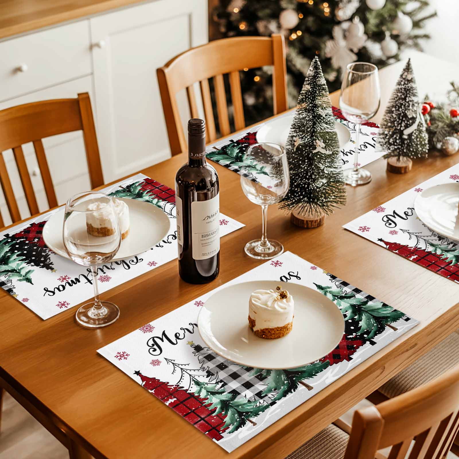 Buffalo Plaid Christmas Tree Placemats Set of 8, White Winter Snowflakes Table Mats Washable Heat-Insulation Non-Slip Place Mats for Kitchen Dinner Table Indoor Outdoor Decor,13x19 Inch