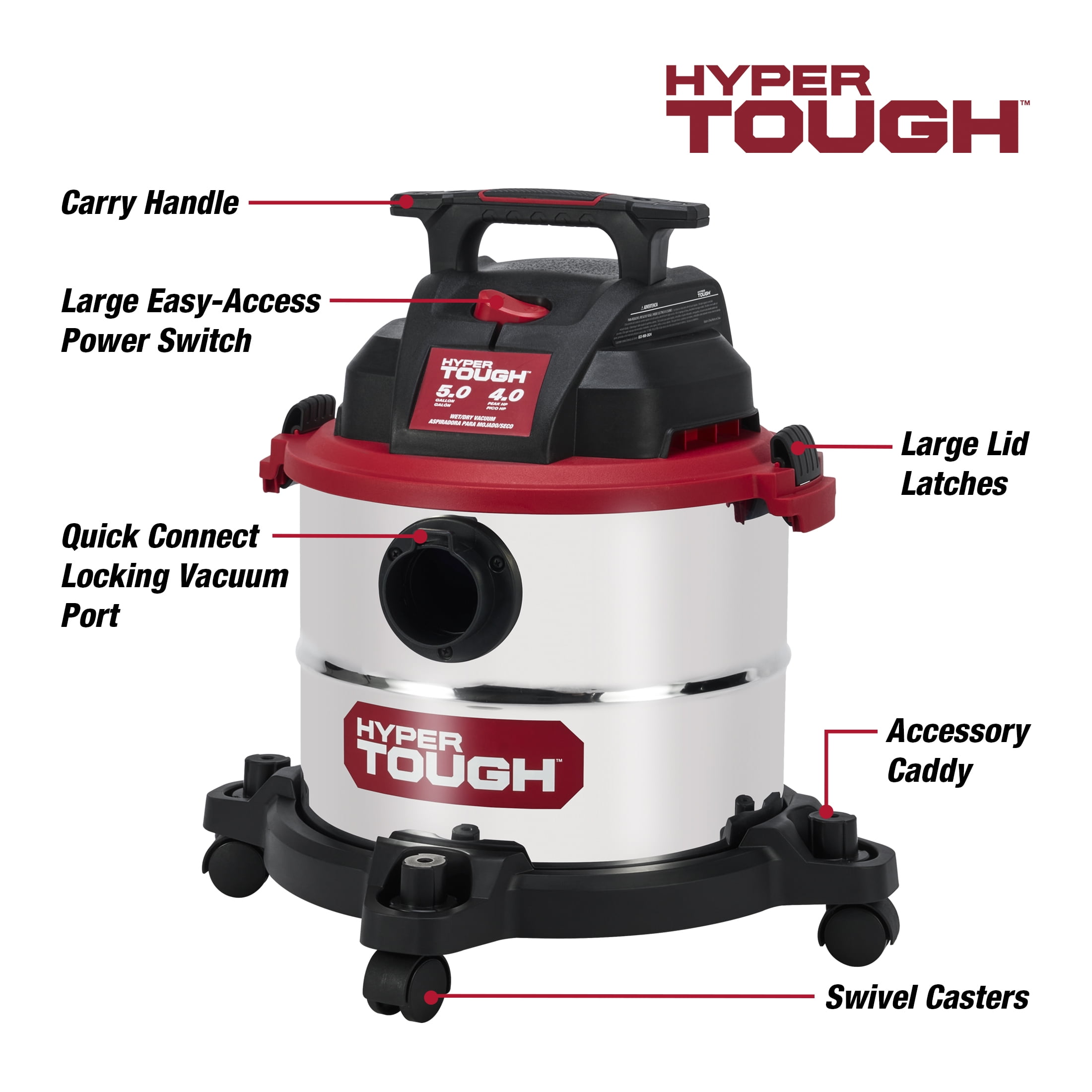 Hyper Tough 5 Gallon 4 HP Stainless Steel Wet Dry Vacuum for Home, Car, Garage & Workshop