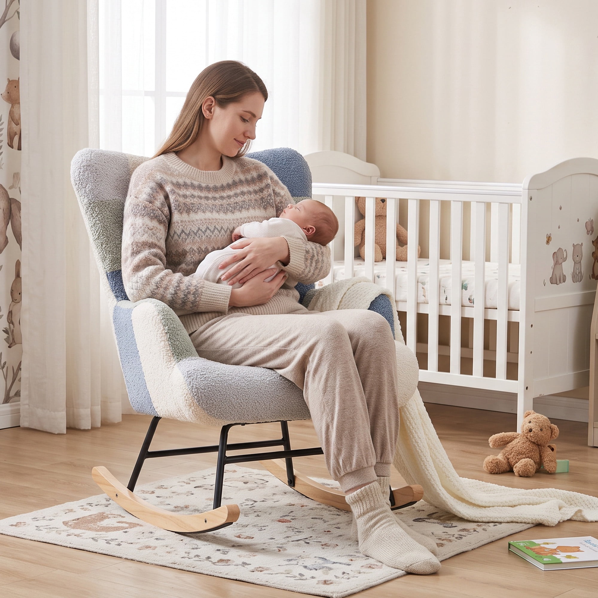Patchwork Teddy Fleece Upholstered Rocking Chair, High Back Nursery Glider Rocker with Side Storage Pocket, Rubberwood Rockers Accent Armchair for Nursery Living Room Bedroom Office.