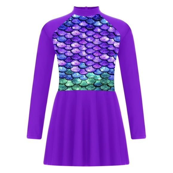 Rswnyirn Kids Girls One Piece UPF 50+ Long Sleeve Swim Dress Cover Ups Rash Guard Swimwear Beach Bathing Suit Purple 14