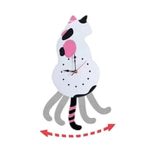 White-Cat Pendulum Wall Clock,Cat Clock with Moving Tail,Cat Swinging,Whimsical Funny Clocks