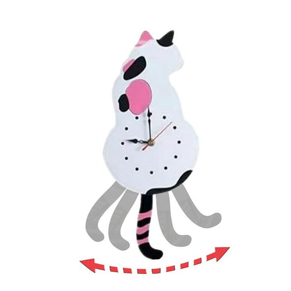 White-Cat Pendulum Wall Clock,Cat Clock with Moving Tail,Cat Swinging,Whimsical Funny Clocks
