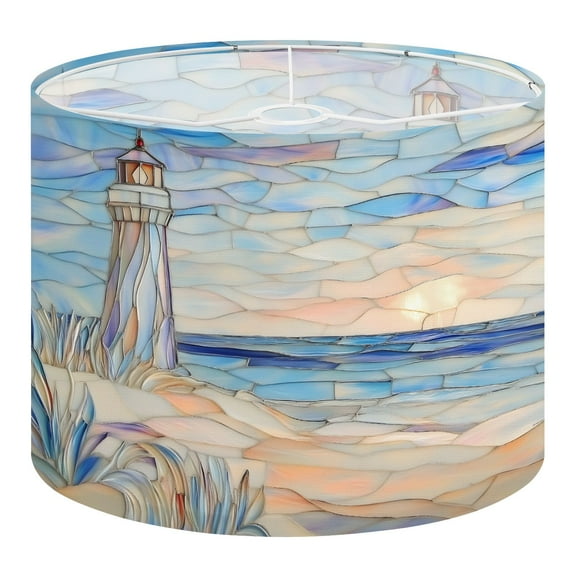 Linen Drum Lampshades Dreamy Pastel Stained Glass Mosaic Lighthouse Beach 13"x13"x10" Light Shade for Table Lamps Floor Lamps Drum Lamp Shades Lampshade Replacement Assembly Required
