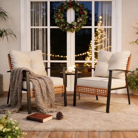 LAUSAINT HOME Outdoor Wicker Chair, Patio PE Rattan Chair with Beige Cushions, 2 PCS