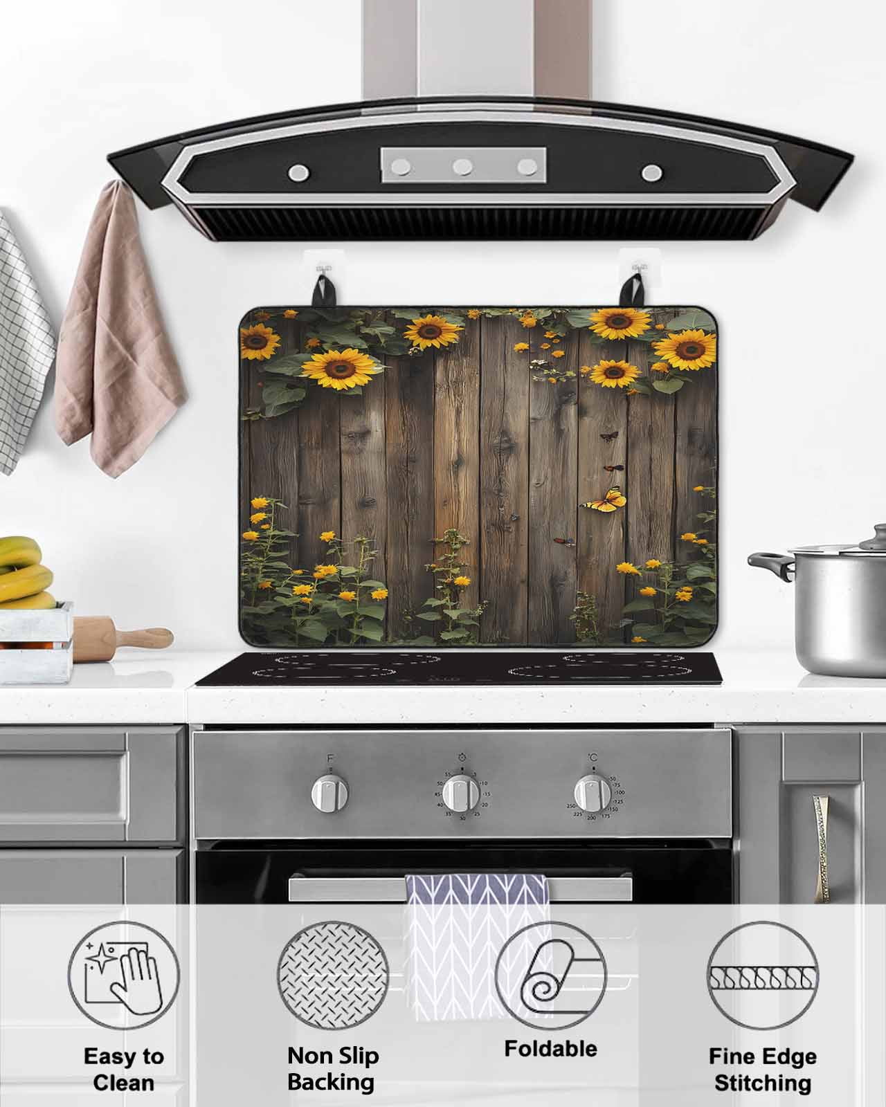 nqOlkjepod Large Induction Cooktop Protector Mat 36"x21", Spring Sunflower Stove Top Covers for Electric Stove, Wildflower Leaves Wood Plank Country Stove Burner Cover Mats, Glass Top Stove Cover