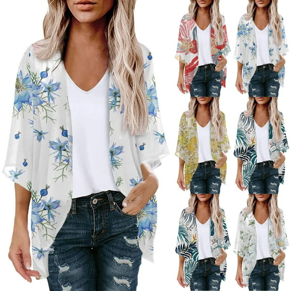 Summer Savings Clearance 2024 AXXD Women'S Swimwear Cover Ups Kimono Summer Floral Print Puff Sleeve Loose Cover Up Trendy Tops