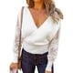 thumbnail image 1 of Suéter con cuello en V para mujer, diseño cruzado, costura de encaje, manga larga, Top de punto, suéter suelto para Otoño Invierno, 1 of 6