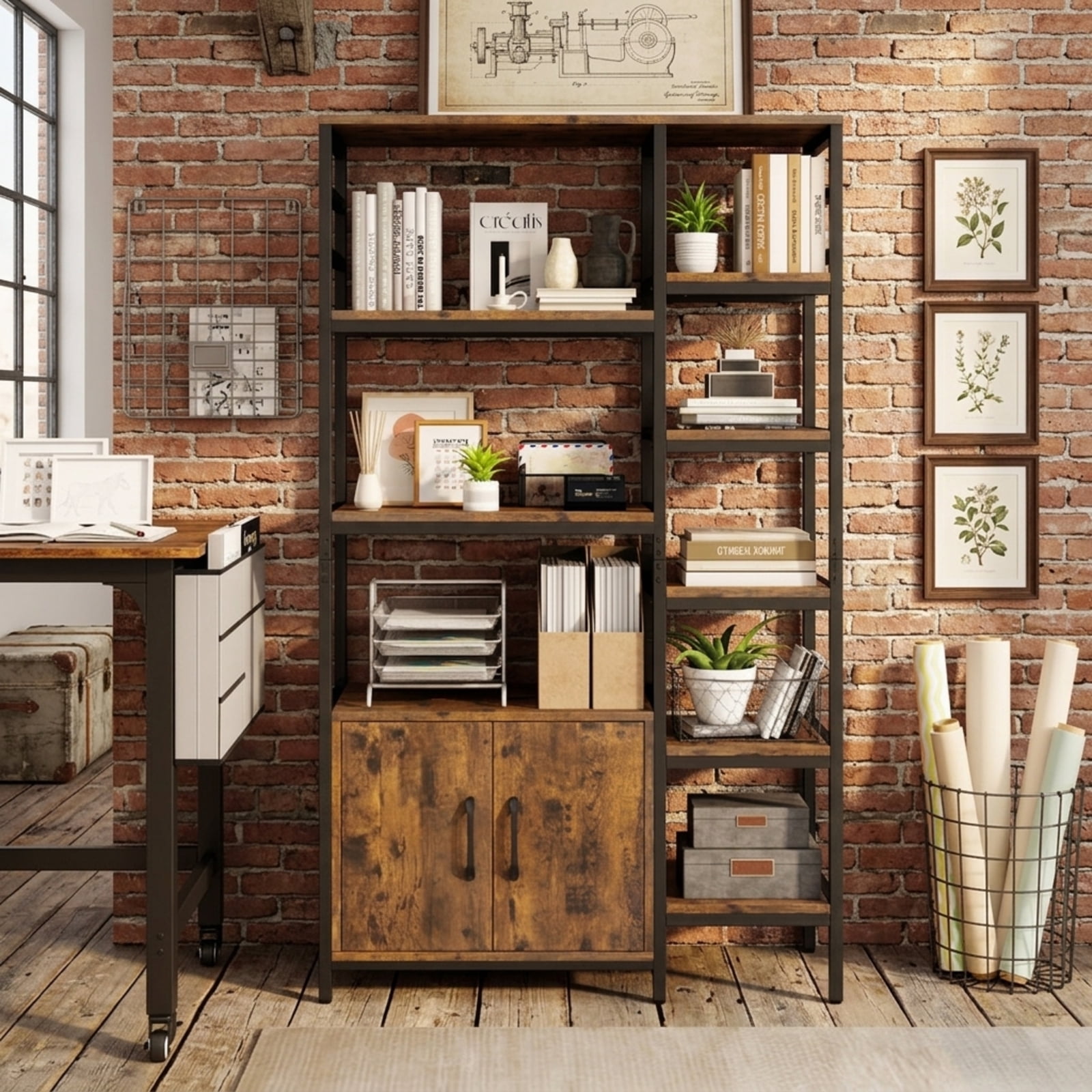 Furnibear Double Wide 8-Tier Bookshelf with 2-Door Cabinet for Living Room Home Office for Living Room Home Office Bedroom Display, Rustic Brown