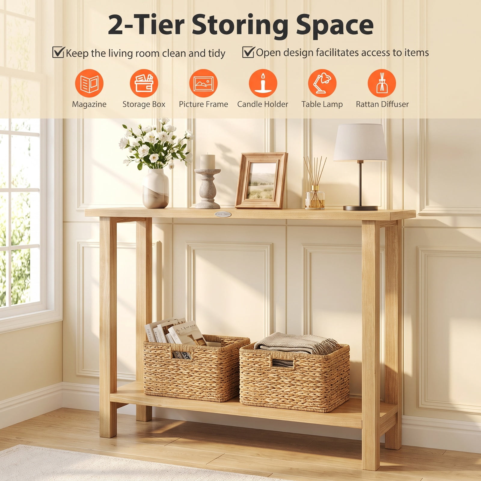 Furnibear 47 Inch Solid Teak Wood Console Table with Storage Shelf Farmhouse Sofa Table for Entryway Hallway Living Room, Natural