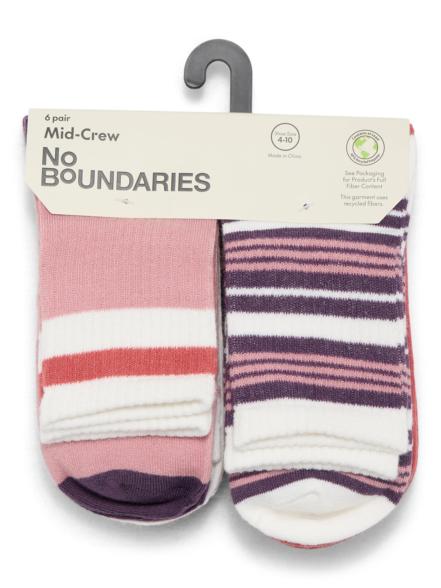 No Boundaries Women's Ribbed Mid Crew Socks, 6-Pack, Women's, Shoe Sizes 4-10