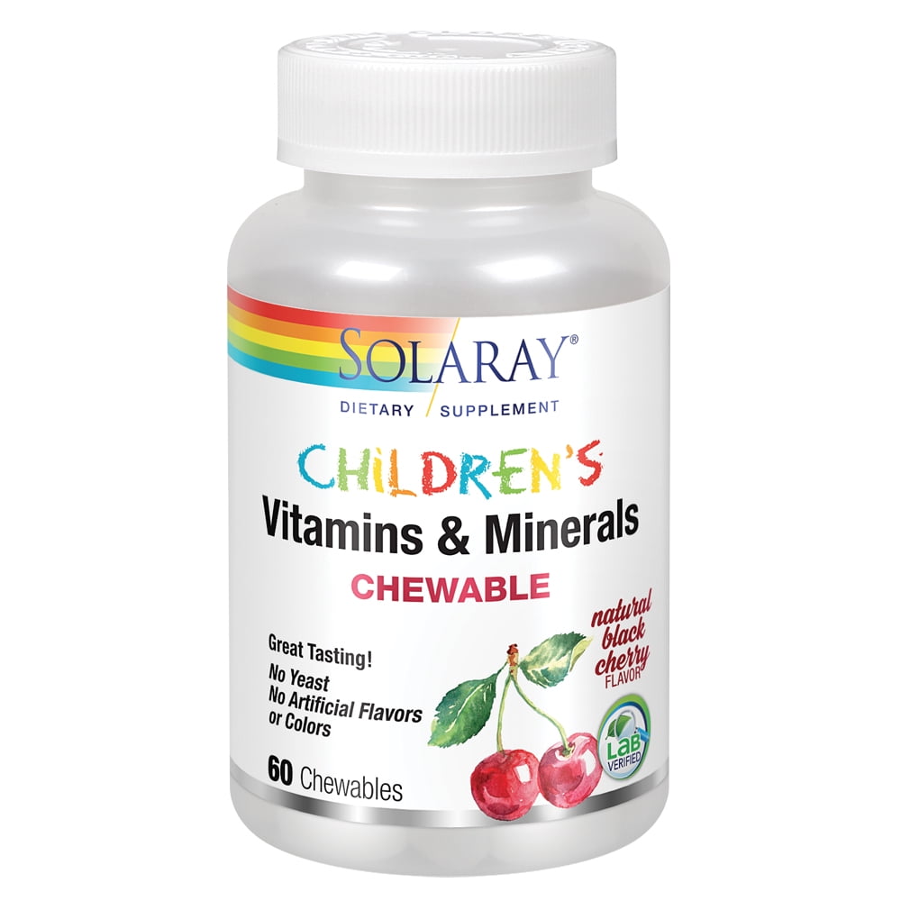 SOLARAY Kid's Vitamins & Minerals, Multivitamin for Kids - Bones, Vision, Heart Health Support w/ Vitamin C, Vitamin D and B2, Iron - Gluten Free, 120 Black Cherry Chewables, 60 Servings (60 Chews, 30 Serv)