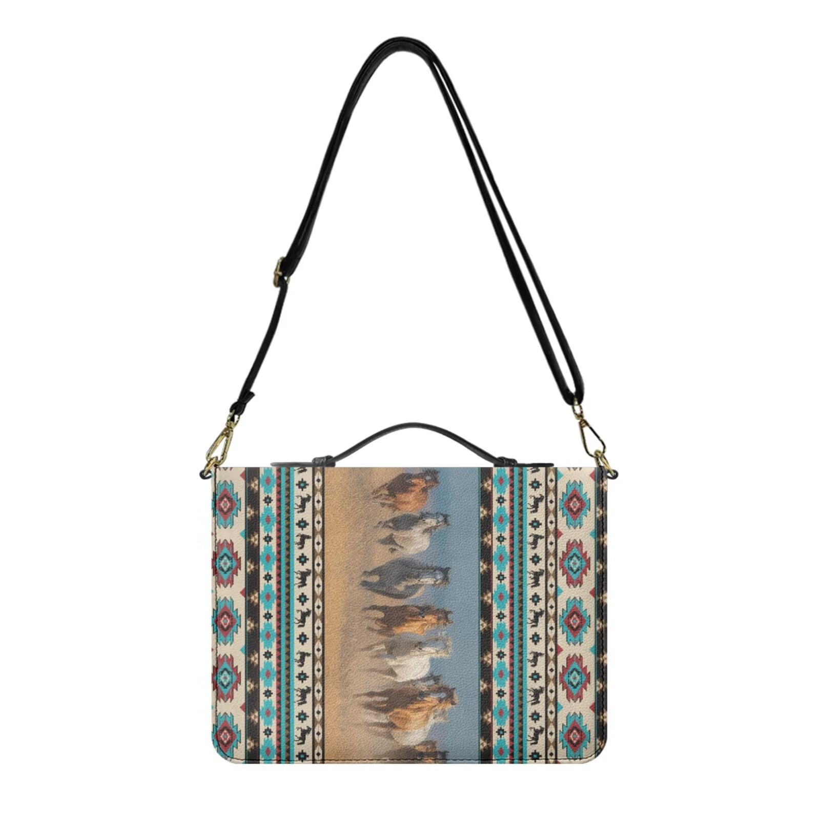 Kuiaobaty Aztec Horse Print Bible Case for Women Men Leather Bible Cover Church Bag with Bookmark Roomy Bibles Carrying Case with Handle and Strap for Christian Daily, Beige