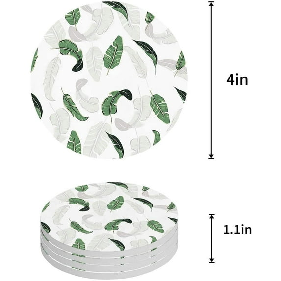 ZHANZZK Summer Green Tropical Palm Leaves Banana Leaf Set of 6 Round Coaster for Drinks, Absorbent Ceramic Stone Coasters Cup Mat with Cork Base for Home Kitchen Room Coffee Table Bar Decor