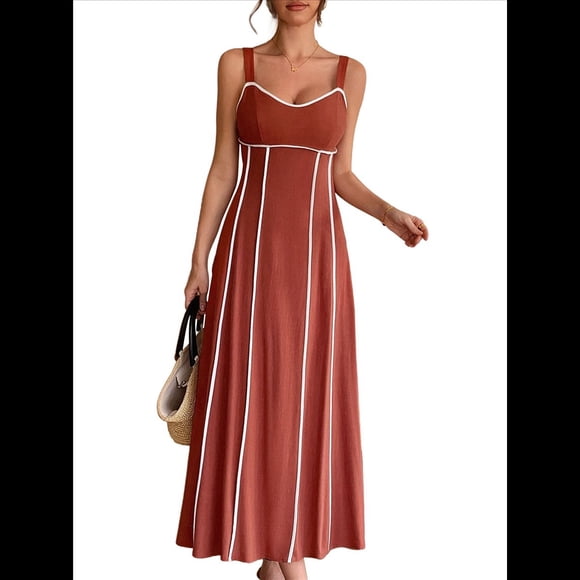 Vestido A Rayas para Mujer, con Tirantes Finos, y , Fluido Rojo Ladrillo XL