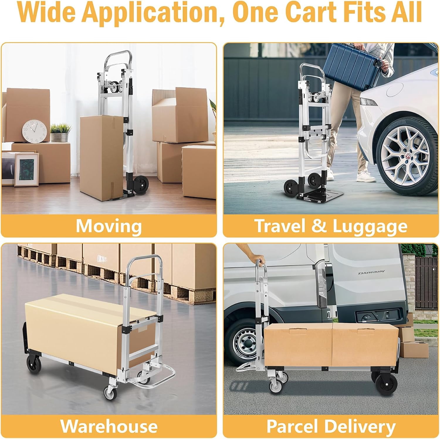 600 LBS Heavy Duty Dolly Cart with Wheels, 3-in-1 Folding Hand Truck with Retractable Handle, Aluminum Alloy Collapsible Hand Cart for Warehouse Home Supermarket