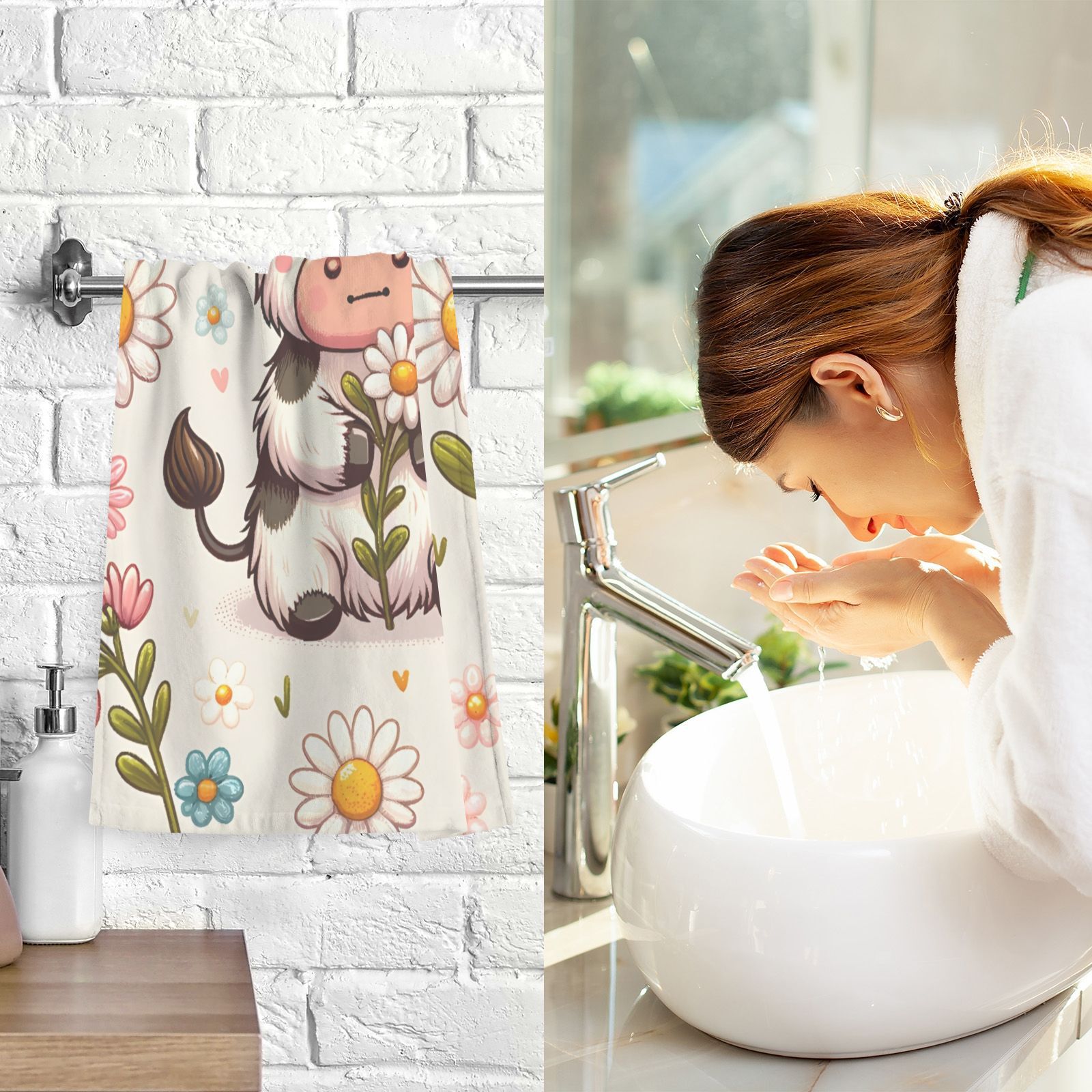Cow on Flowers Hand Towel Bath Towels Face Towels Cotton Absorbent for Home Hotel Spa Swimming Yoga Sports Decorative Towel Set of 2